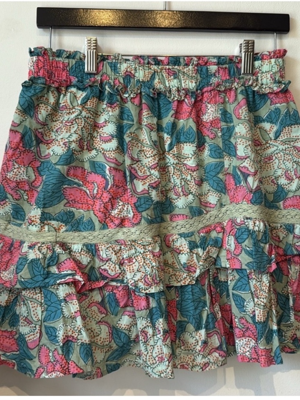 Top/Skirt Set Floral V-Neck Tie-Front Blouse/ Skirt - Pink & Teal - Picture 2 of 7